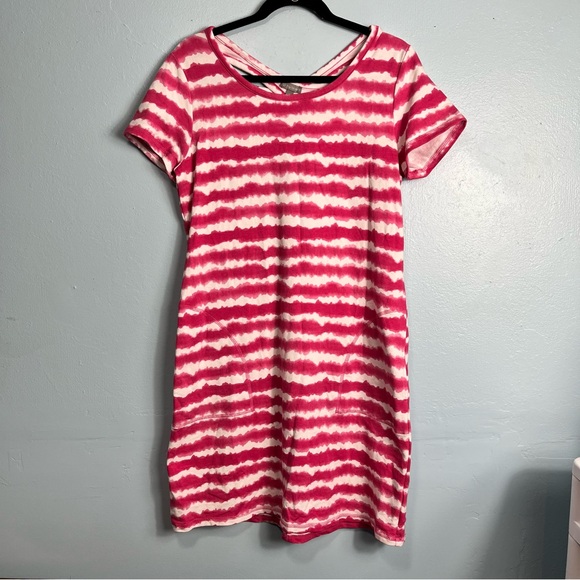 T by Talbots Womens M Wavy Tie-Dye Pink White Pullover Dress Casual Cross Back - Picture 3 of 13